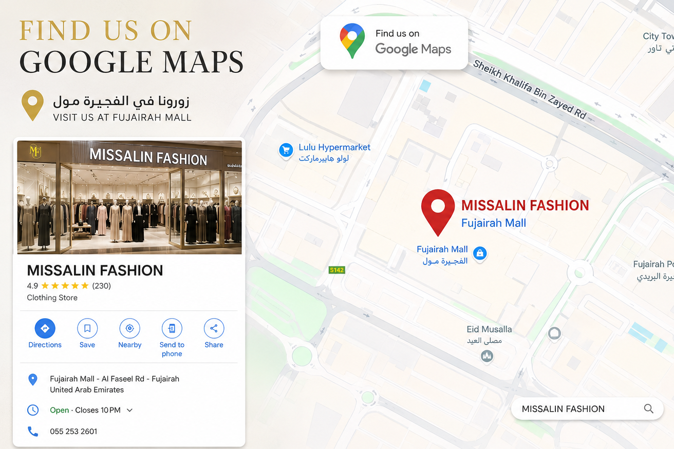 Google Maps location graphic for Missalin Fashion in Fujairah Mall, showing a storefront photo, store details, and a map with a red pin marker.