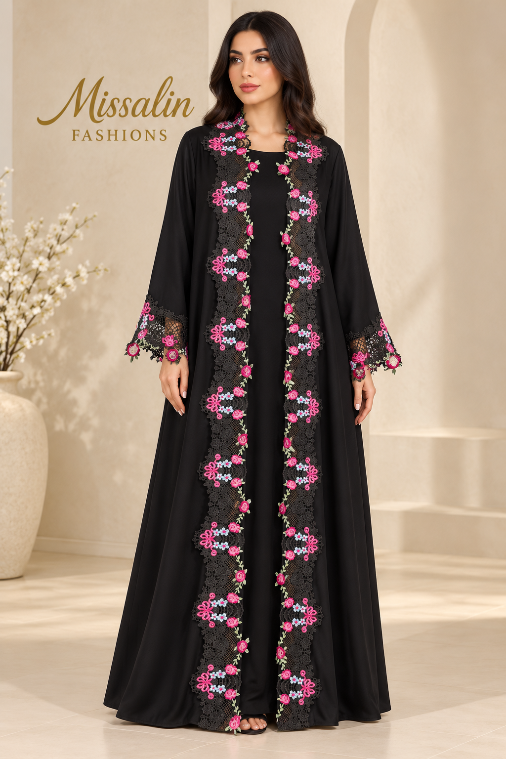 199 AED | FLOWERS ABAYA Black